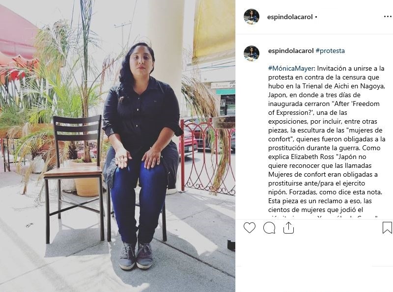 Mexican photographer and essayist Carol Espíndola on Aug. 6 uploaded a photo of herself posing like "The Statue of Peace" on her Instagram account to promote freedom of expression. (Screen capture from Espindola